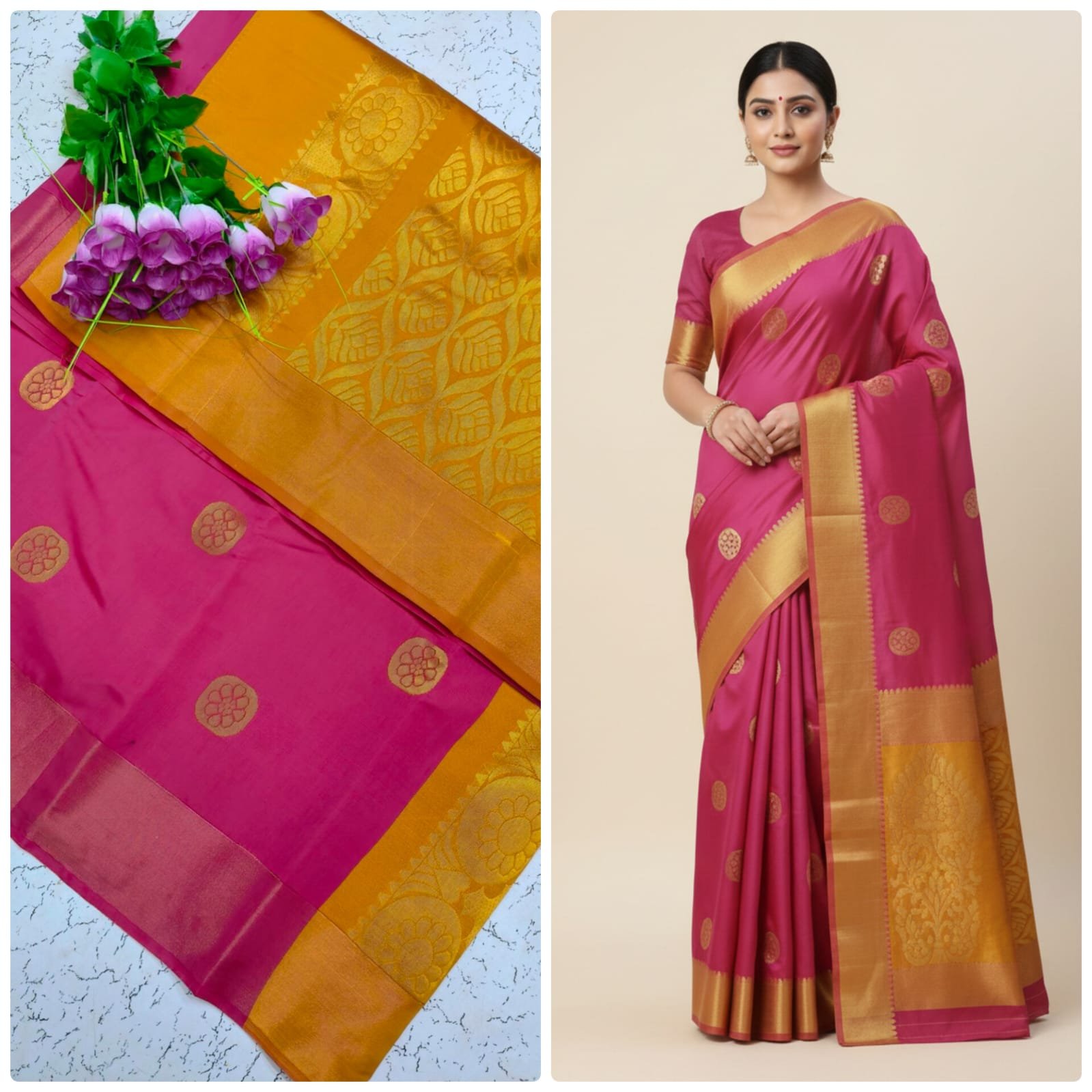 Kotta Cotton Silk Saree Bright Pink Gold